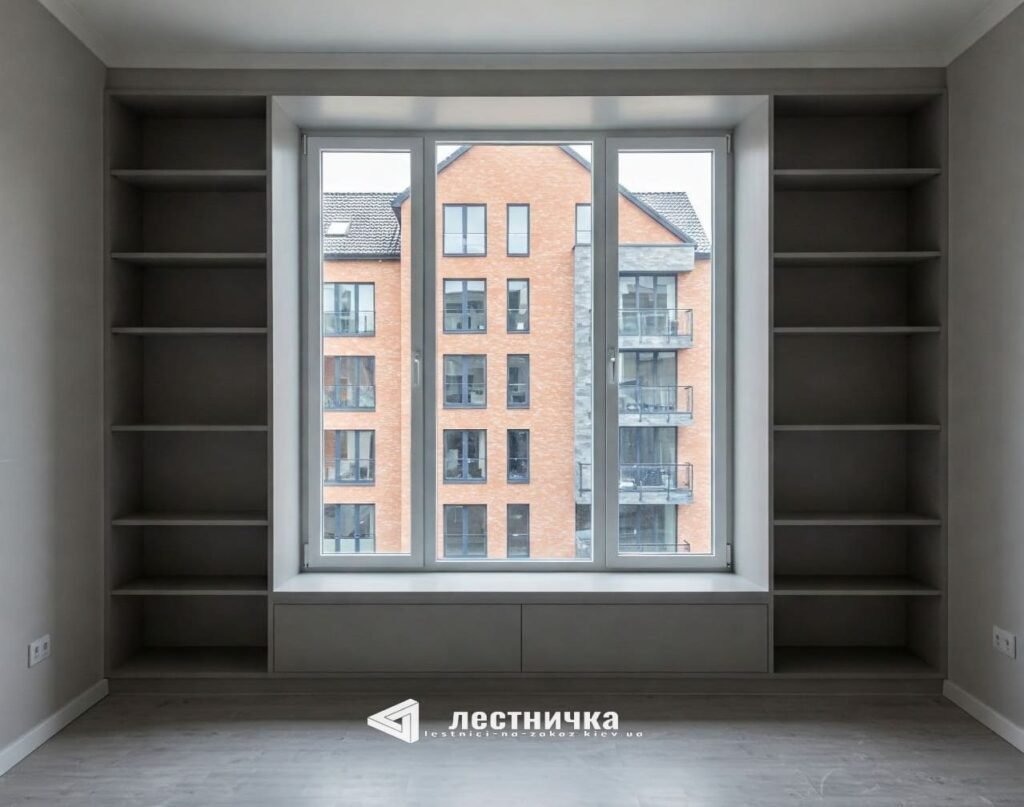 Стол и шкаф у окна в детской фотографии